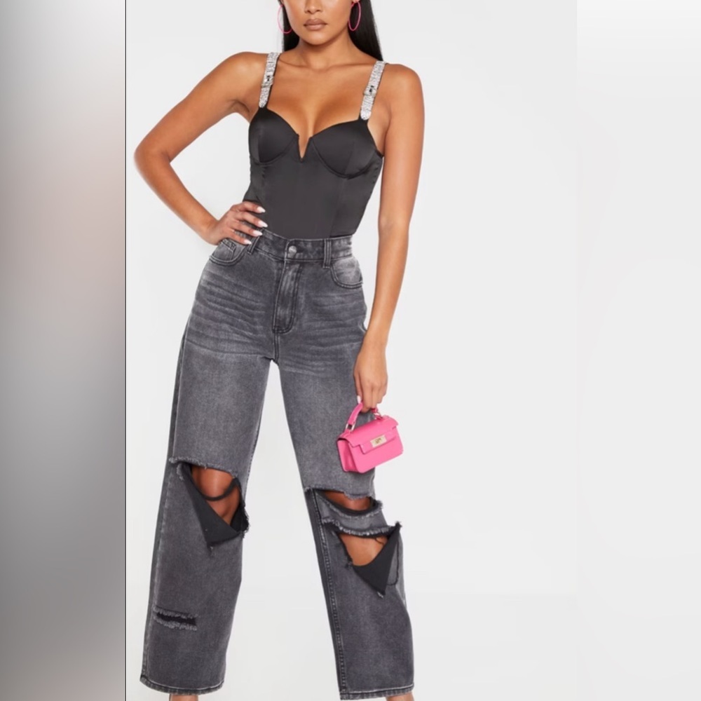 PRETTYLITTLETHING Black Diamante Strap V Bar Bodysuit